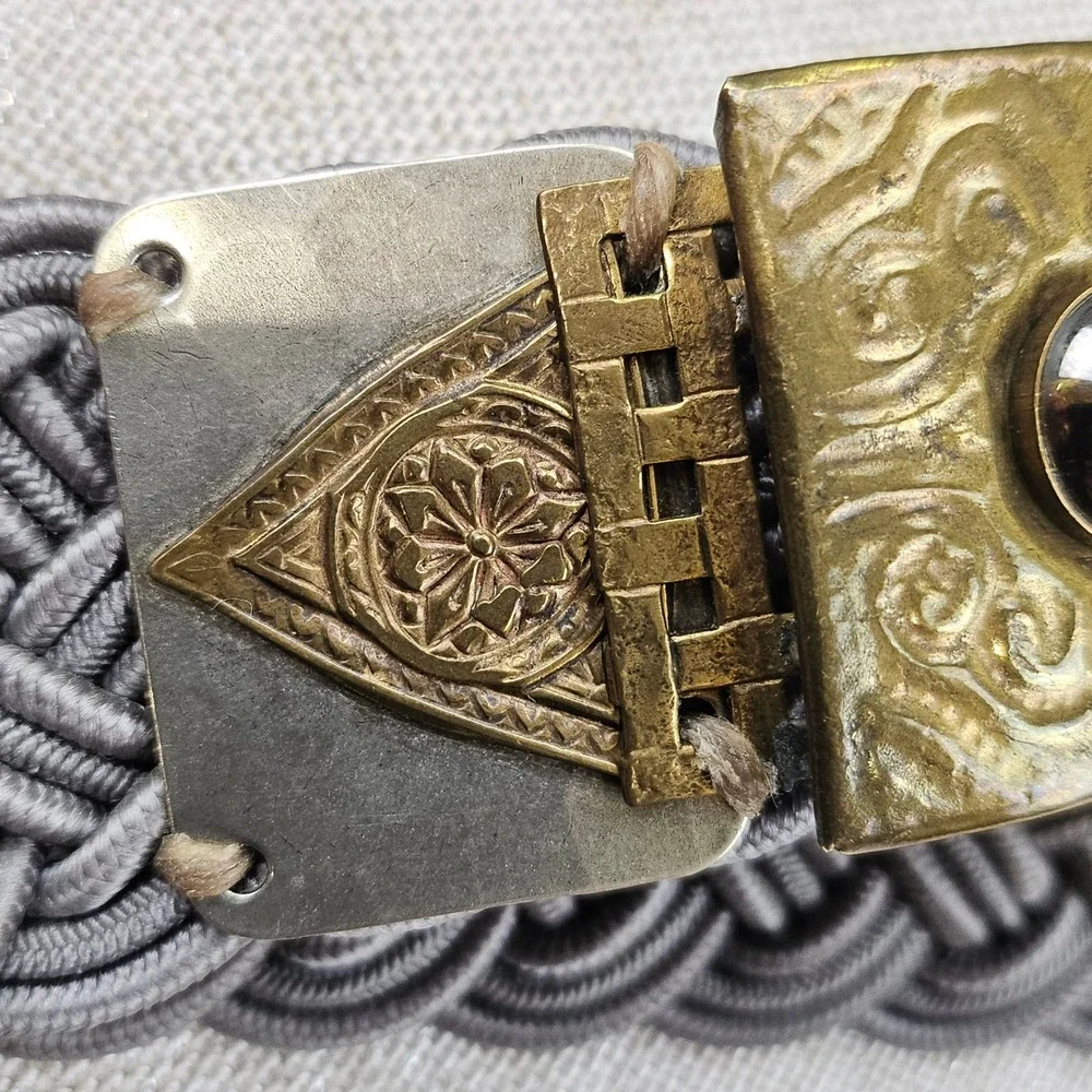 Vtg BAER SF Braided Cord Belt with Ornate Hammered Brass & Silver Metal‎ Buckle